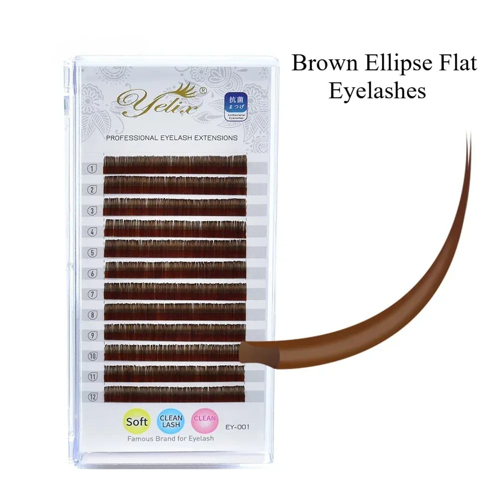 ขนตาต่อสีน้ำตาล Ellipse Flat Split-Tip B/C/D Curl 12 แถว