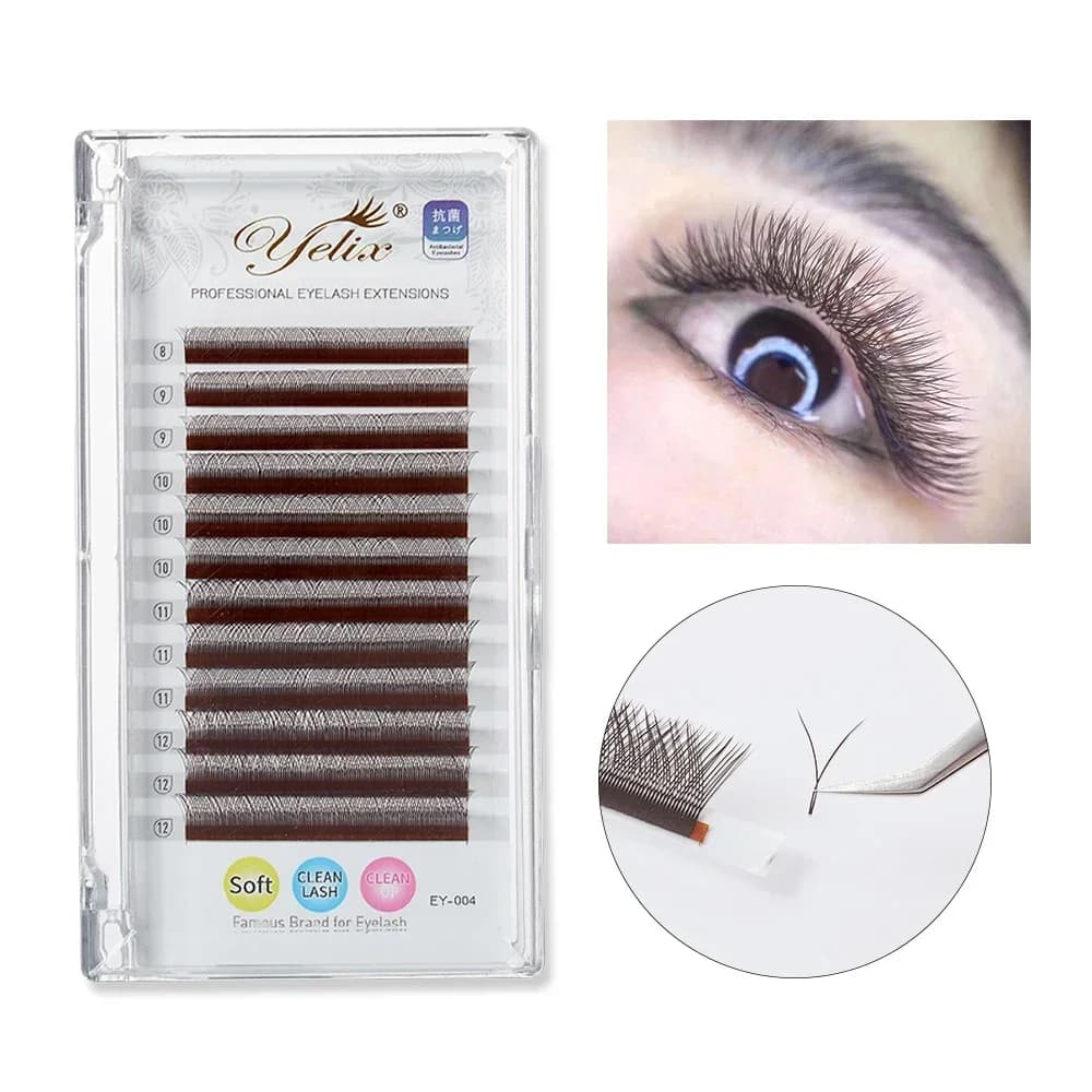 ขนตาปลอมเส้นเดี่ยว สีน้ำตาล รูปทรง Y โค้ง C ขนาด 0.05mm