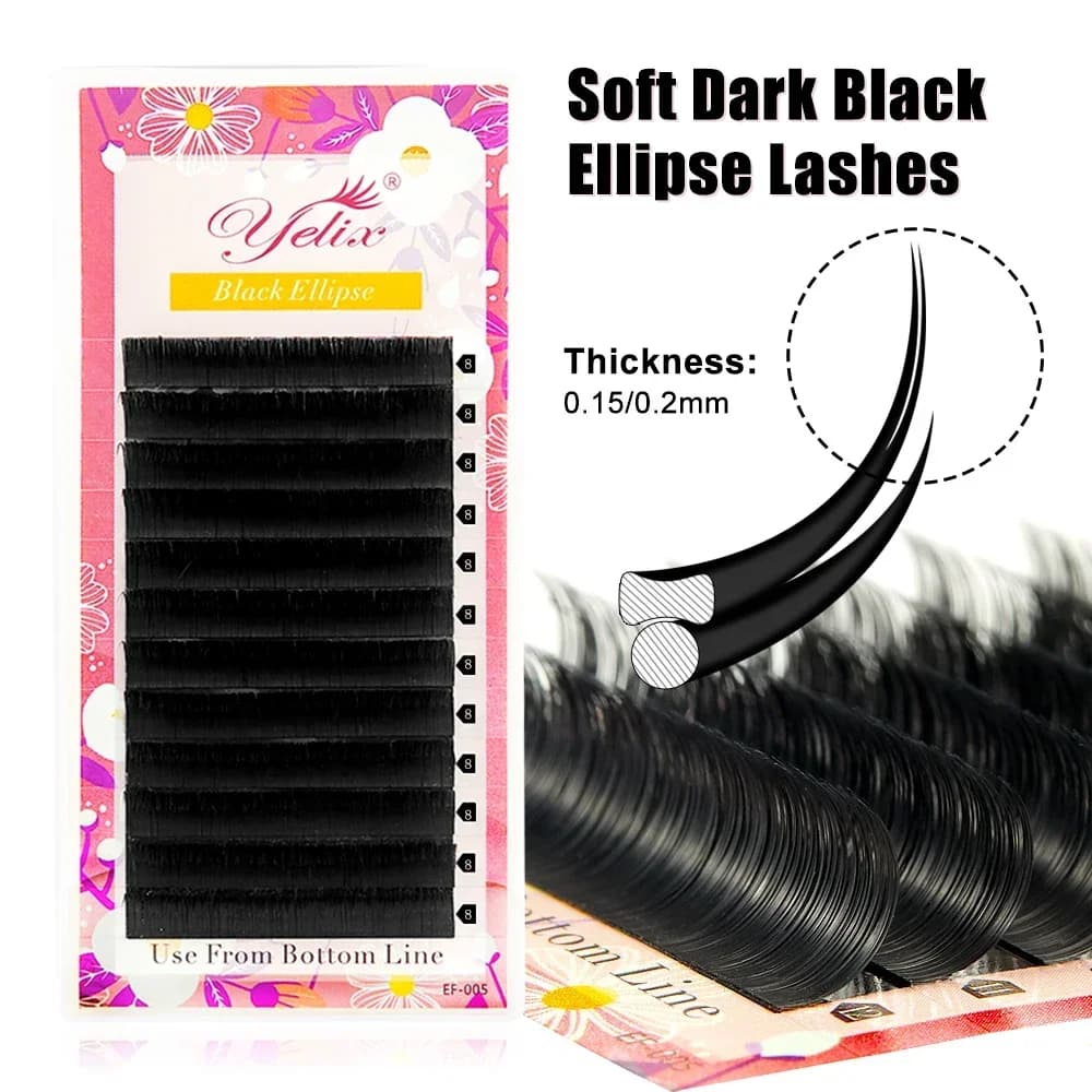 ขนตาต่อปลายแตกแบนทรงรี (Ellipse Flat Split Tip) ขนาด 6-19mm ความหนา 0.15-0.2mm